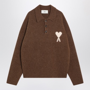 Ami Paris Ami De Coeur polo sweater in hazelnut color