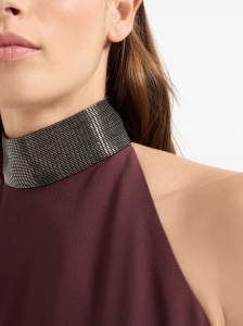 Brunello Cucinelli Halterneck dress in silk crêpe cady and acetate with Precious Beaded Collar - Img 2