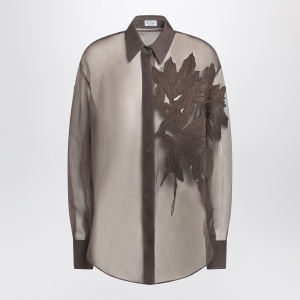 Brunello Cucinelli Brown shirt with Flora Appliqué in silk