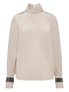 Brunello Cucinelli High-neck T-shirt in silk crêpe de Chine with Precious Bracelets
