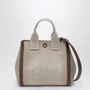Chloé Carry Small tote bag in beige striped canvas