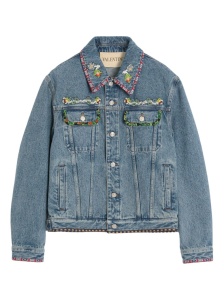 Valentino Bead-Embellished Floral-Trimmed Denim Jacket