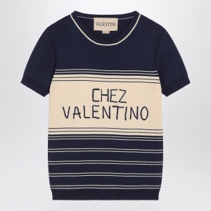 Blue ribbed top with Chez Valentino embroidery