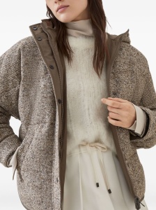 Brunello Cucinelli Buttoned chevron down jacket in virgin wool and silk with hood - Img 3