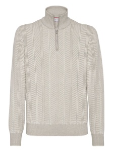 Brunello Cucinelli Herringbone twill zip-neck sweater