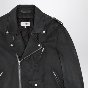 MM6 Maison Margiela Black washed-effect biker jacket - Img 2