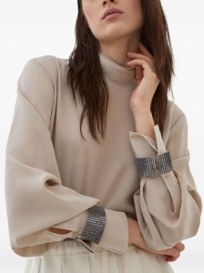 Brunello Cucinelli High-neck T-shirt in silk crêpe de Chine with Precious Bracelets - Img 4
