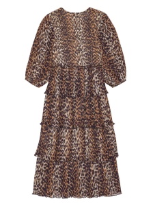 Ganni Leopard Pleated Georgette Flounce Smock Midi Dress - Img 2