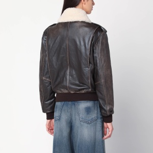 HALFBOY Brown leather bomber jacket with shearling collar - Img 2