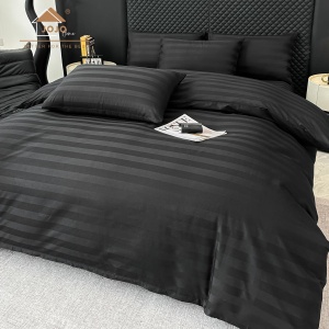 Lenjerie de Pat 100% Bumbac, Damasc Deluxe, 6 Piese, Cearceaf cu Elastic 180x200 cm, Husă Pilotă 200x230 cm, Negru