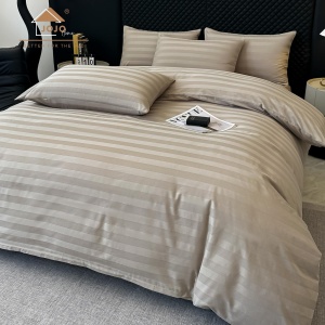 Lenjerie de Pat 100% Bumbac, Damasc Deluxe, 6 Piese, Cearceaf cu Elastic 180x200 cm, Husă Pilotă 200x230 cm, Bej