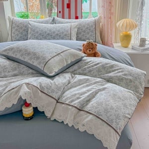 Lenjerie de pat bumbac 100% cu dantela, 4 piese, cearceaf cu elastic