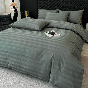 Lenjerie de Pat 100% Bumbac, Damasc Deluxe, 6 Piese, Cearceaf cu Elastic 180x200 cm, Husă Pilotă 200x230 cm, Verde Maslina