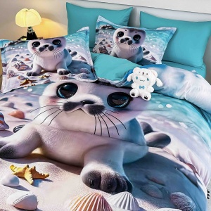 Set lenjerie de pat dublu, imprimeu 5D, 6 piese, cearceaf cu elastic - Img 3