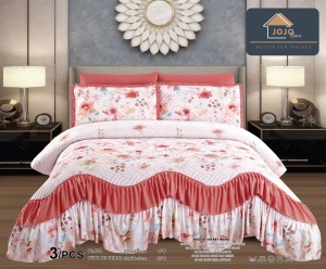 Cuvertura pat dublu matlasata, 3 piese, 220x270cm, cu volanase si imprimeu floral
