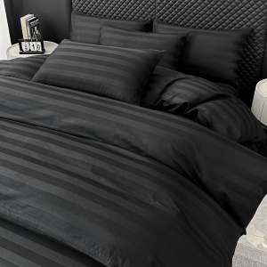 Lenjerie de Pat 100% Bumbac, Damasc Deluxe, 6 Piese, Cearceaf cu Elastic 180x200 cm, Husă Pilotă 200x230 cm, Negru - Img 3