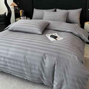 Lenjerie de Pat 100% Bumbac, Damasc Deluxe, 6 Piese, Cearceaf cu Elastic 180x200 cm, Husă Pilotă 200x230 cm, Gri Inchis