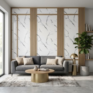 Placă Decorativă PVC cu Aspect de Marmură Albă cu Nervuri Gri-Antracit 1.22 x 2.4 m