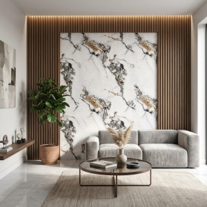 Placă Decorativă PVC cu Aspect de Marmură Albă, Vene Negre-Gri și Inserții Aurii Paonazzo 1.22 x 2.4 m