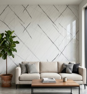 Placă Decorativă PVC Marmură Albă cu Inserții Grafice Negre 2.4 m x 1.22 m Grosime 2.5 mm - Img 2