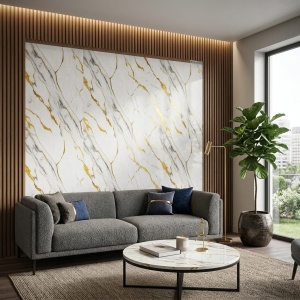 Placă Decorativă PVC cu Aspect de Marmură Albă, Nervuri Gri și Accente Aurii 1.22 x 2.4 m - Img 3