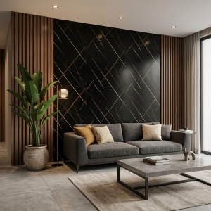 Placă Decorativă PVC cu Aspect de Marmură Neagră și Nervuri Geometrice Aurii Sahara Noir 1.22 x 2.4 m - Img 3