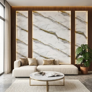 Placă Decorativă PVC cu Aspect de Marmură Alb-Gri și Inserții Aurii 1.22 x 2.4 m - Img 3