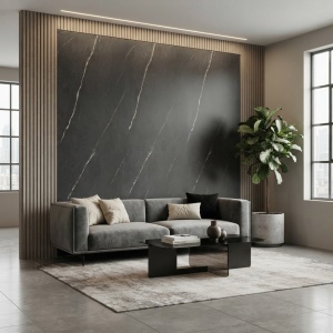 Placă Decorativă PVC cu Aspect de Marmură Neagră cu Nervuri Albe Nero Marquina 2.44 x 1.22m - Img 3