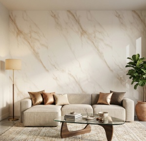 Placă PVC Decorativă Marmură Crem cu Venaturi Aurii 2.4m x 1.22m Grosime 2.5mm - Img 2