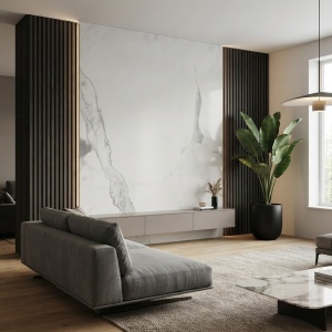Placă Decorativă PVC cu Aspect de Marmură Albă cu Faliu Gri Vertical Calacatta 2.44 x 1.22m - Img 3