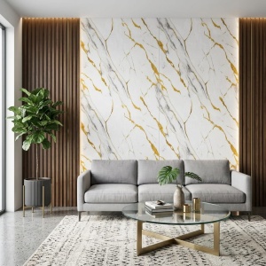 Placă Decorativă PVC cu Aspect de Marmură Albă, Nervuri Gri și Accente Aurii 1.22 x 2.4 m
