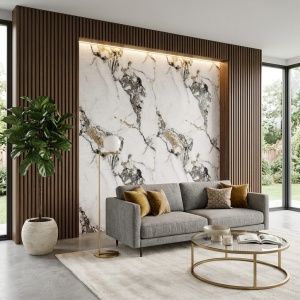 Placă Decorativă PVC cu Aspect de Marmură Albă, Vene Negre-Gri și Inserții Aurii Paonazzo 1.22 x 2.4 m - Img 3