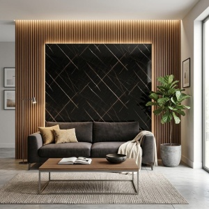 Placă Decorativă PVC cu Aspect de Marmură Neagră și Nervuri Geometrice Aurii Sahara Noir 1.22 x 2.4 m
