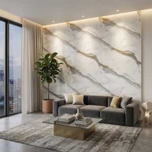 Placă Decorativă PVC cu Aspect de Marmură Alb-Gri și Inserții Aurii 1.22 x 2.4 m