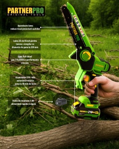 Mini Fierăstrău cu Lanț și Acumulator PPBS-84 PARTNERPRO, Brushless, 21V / 4Ah, Indicator sarcină - Img 3