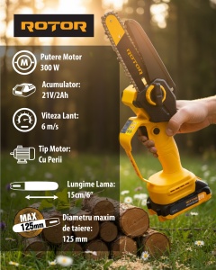 Mini drujbă 6" RBS-62 ROTOR, 1 acumulator 21V/2Ah, 1 x incarcator - Img 3