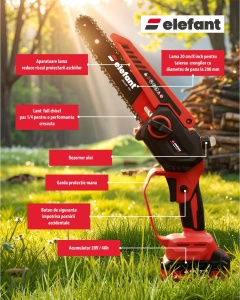 Mini fierăstrău cu lanț și acumulator ELEFANT EBS-104, 20V / 4Ah, Brushless - Img 2