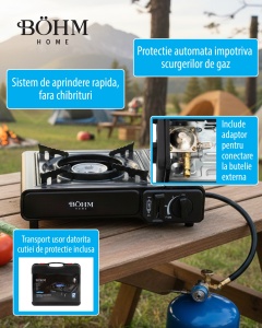 Plita cu un arzator pe gaz Camping BÖHM BG-K-001+L, GPL, 2.3 kW, Racord metalic extern pentru furtun de gaz - Img 12