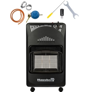 Soba pe gaz GPL Hausberg HB-1010NG, aprindere piezo-electrica, 4.2kW, Negru, Ceas butelie, 1m furtun gaz MN2015 si 2 coliere furtun