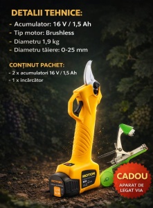 Foarfeca cu acumulator ROTOR RPS168, 16 V/ 1,5Ah, Brushless si Aparat Profesional de Legat Viță de Vie cadou