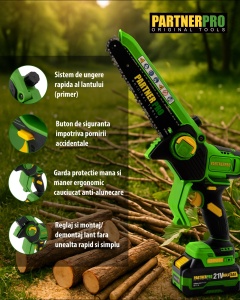 Mini Fierăstrău cu Lanț și Acumulator PPBS-84 PARTNERPRO, Brushless, 21V / 4Ah, Indicator sarcină - Img 4