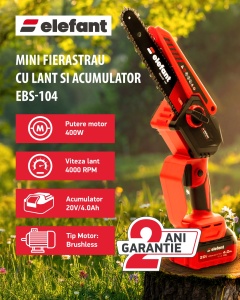 Mini fierăstrău cu lanț și acumulator ELEFANT EBS-104, 20V / 4Ah, Brushless