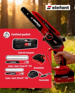 Mini fierăstrău cu lanț și acumulator ELEFANT EBS-104, 20V / 4Ah, Brushless - Img 3