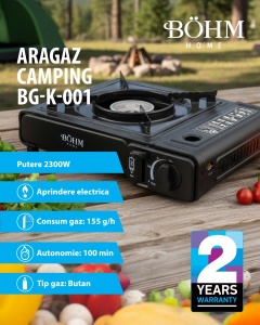 Plita cu un arzator pe gaz Camping BÖHM BG-K-001+L, GPL, 2.3 kW, Racord metalic extern pentru furtun de gaz