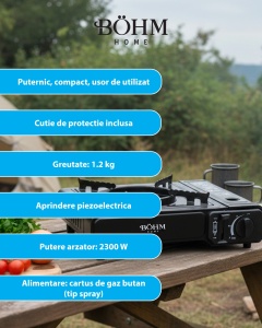 Plita cu un arzator pe gaz Camping BÖHM BG-K-001+L, GPL, 2.3 kW, Racord metalic extern pentru furtun de gaz - Img 10