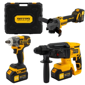 Trusa de scule 3 în 1 ROTOR RSET3, Rotopercutor ,Polizor unghiular, Autofiletanta 21V/3Ah - Img 1