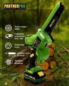Mini Fierăstrău cu Lanț și Acumulator PPBS-84 PARTNERPRO, Brushless, 21V / 4Ah, Indicator sarcină - Img 2