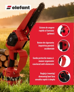 Mini fierăstrău cu lanț și acumulator ELEFANT EBS-104, 20V / 4Ah, Brushless - Img 4