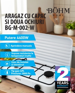 Plita cu doua arzatoare pe gaz si aprindere electrica BÖHM BG-M-002-W, 4.4 kW