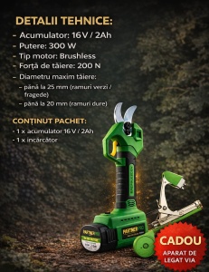 Foarfecă electrică cu acumulator PARTNERPRO PP-FE16V, 16V / 2Ah, 300 W, 200 N si Aparat de Legat Viță de Vie CADOU